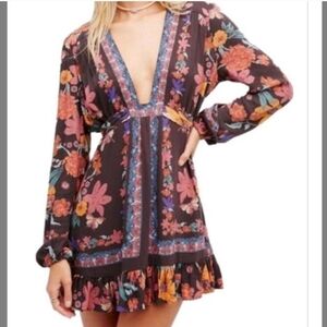 FREE PEOPLE VIOLET HILL FLORAL PRINTED TUNIC TOP  V NECK PINK PURPLE SZ 6